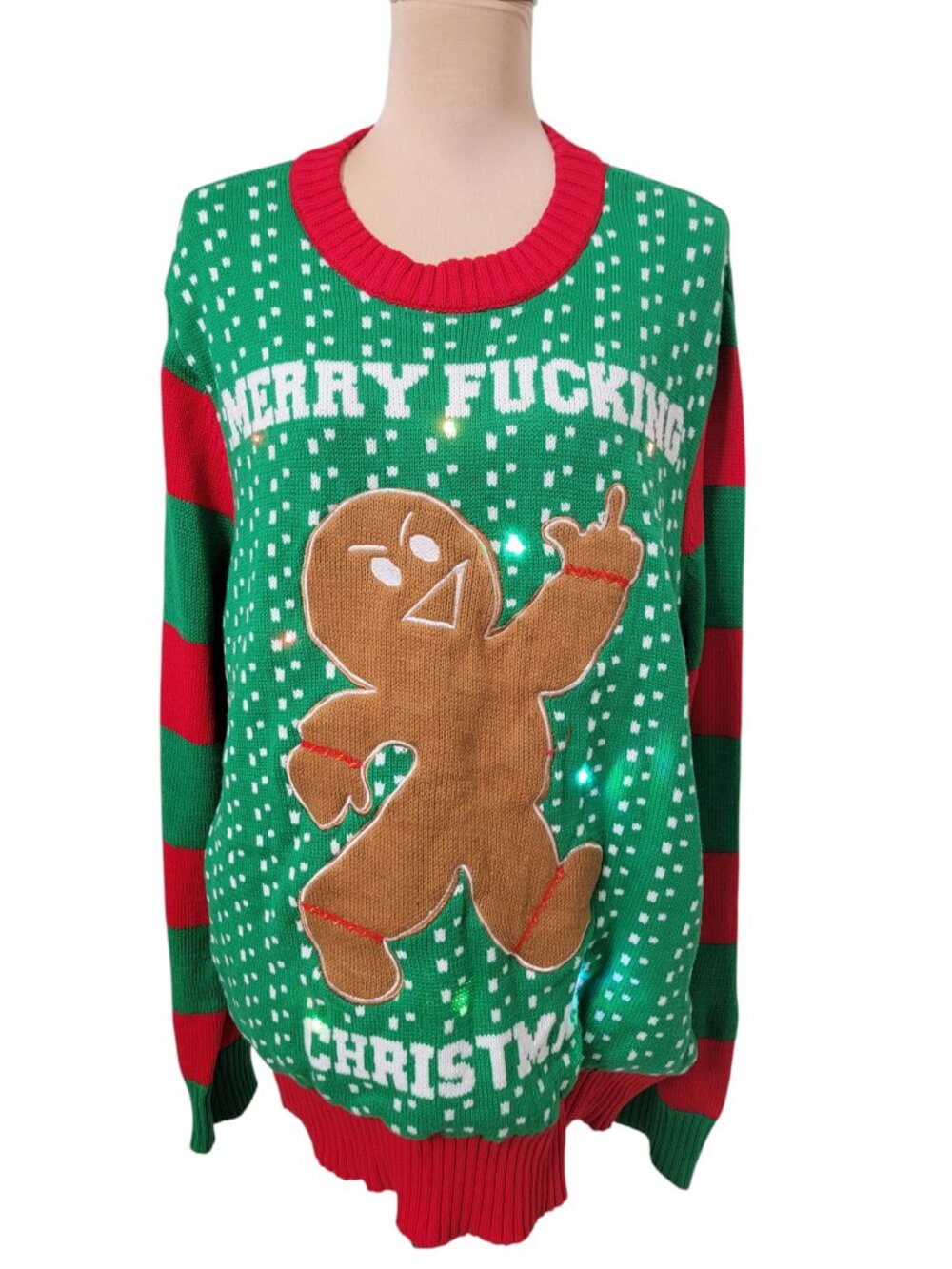 Spencers Size XL Ugly Christmas Sweater, Light-Up, Red, Green & White, Naughty